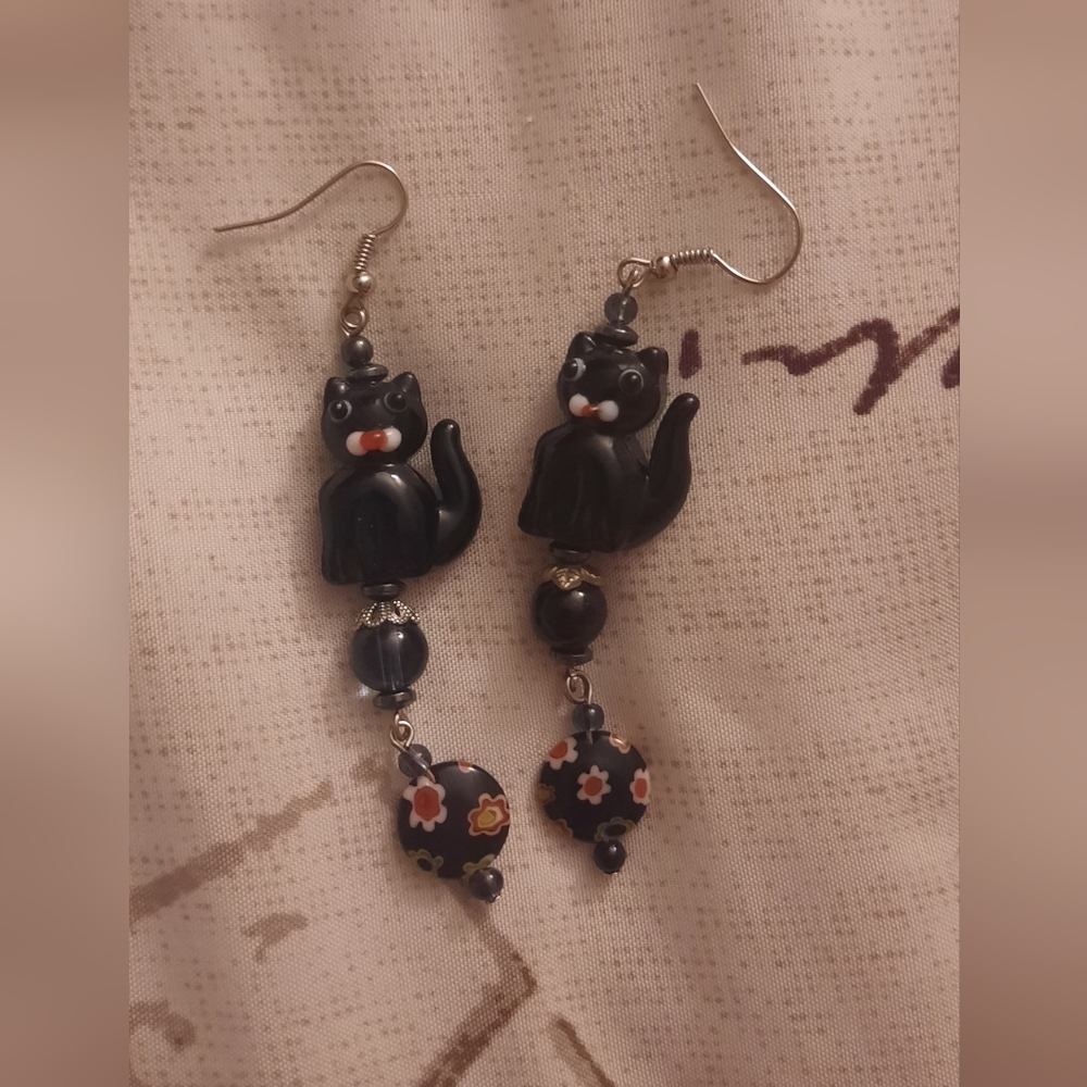 Antique Handmade Black Cat Dangling Earrings